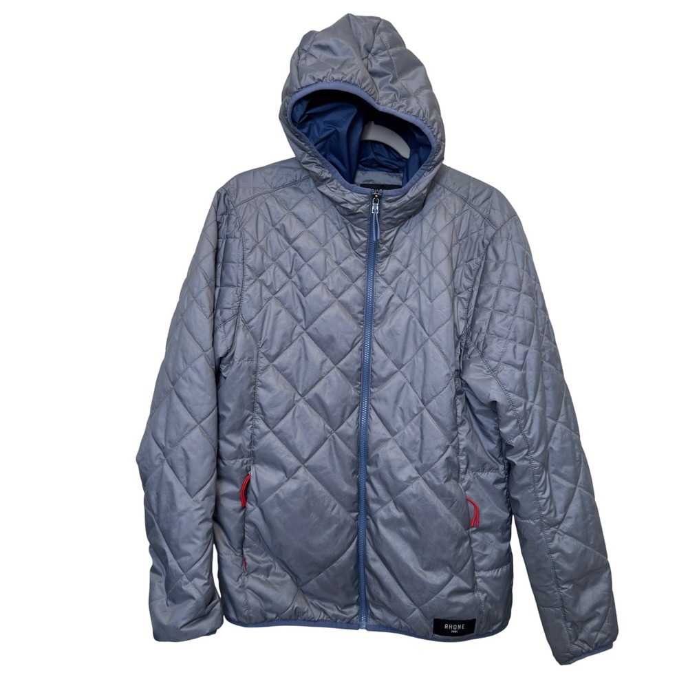 Rhone Mens Tundra Quilted Hooded Jacket M Blue Grey Full Zip Recycled Puffer